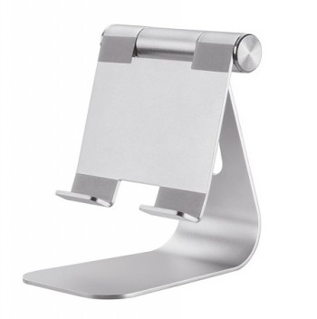 Zilverkleurige tablethouder voor één monitor, stevig metalen ontwerp en modern design.