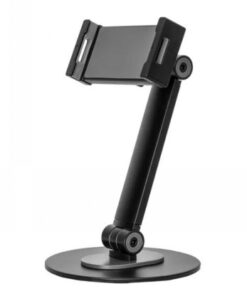 Universele zwarte tablethouder met verstelbare arm en draaibare voet, geschikt voor schermen van 4,7-12,9 inch.