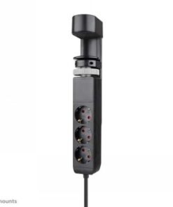 Zwart stopcontactpaneel met tafelklemsysteem, drie Schuko-aansluitingen en USB-poorten, zijprofiel.