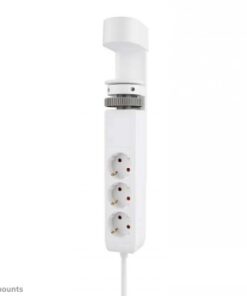 Zwarte tafelgemonteerde stopcontact met USB-A- en USB-C-poorten, drie elektrische aansluitingen en een witte bevestigingsmechanisme.