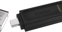 Zwarte Kingston 128 GB USB-C-geheugenstick, afneembare doorzichtige beschermkap.