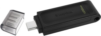 Zwarte Kingston 128 GB USB-C-geheugenstick, afneembare doorzichtige beschermkap.