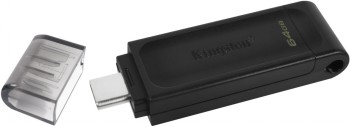 Zwarte Kingston 64 GB DataTraveler 70 USB-C-stick met afneembare transparante dop.
