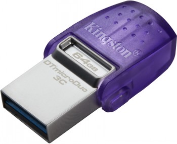 Zilveren Kingston 64 GB USB-stick met paarse kap en twee aansluitingen: USB-A en USB-C.