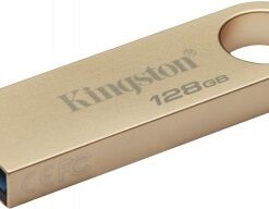 Gouden Kingston 128 GB DataTraveler SE9 G3 USB-stick, metalen behuizing en sleutelhanger.