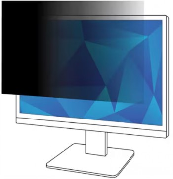Donkere privacyschermfilter geplaatst voor de monitor, voorkomt inkijk van opzij. Grafisch blauw-wit patroon zichtbaar op het scherm.