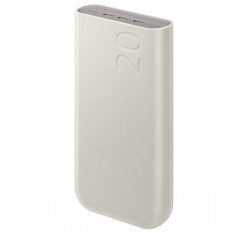 Lichtbeige Samsung 20.000 mAh powerbank met afgeronde randen en het nummer '20' aan de voorkant.