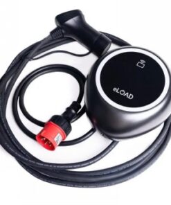 Ronde zwarte Eload-laadpaal voor elektrische auto's, met een lange kabel en een rode stekker.