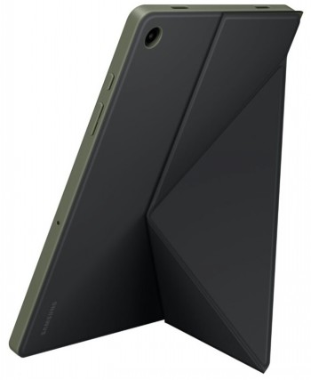 Samsung Tab A9+ hoes zwart - stijlvol design en functionaliteit Zwarte Samsung Tab A9+ tablethoes gevouwen als standaard, zijaanzicht.