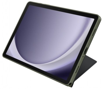 Samsung Tab A9+ Book Cover hoes zwart - een beschermende en stijlvolle keuze Zwarte Samsung Tab A9+ tablethoes, opengevouwen in standaardpositie, met zichtbare zilvergrijze rand van de tablet.