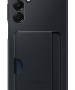 Zwarte Samsung Galaxy A16-hoes met een kaartslot aan de achterkant.