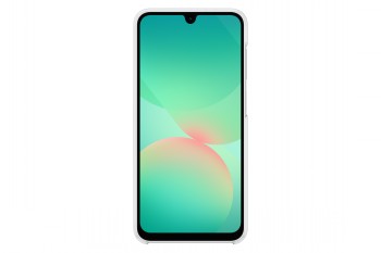 Samsung A26 Clear Case - transparante hoes Transparante Samsung A26-hoes op de telefoon, voorkant zichtbaar op een witte achtergrond.