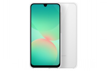 Samsung A26 Clear Case - transparante hoes Transparante Samsung A26-hoes voor smartphone, witte achtergrond.