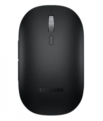 Dunne en stijlvolle zwarte Samsung Bluetooth-muis, van bovenaf gefotografeerd.
