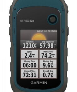 Garmin eTrex 22x GPS-apparaat, een stijlvolle en duurzame keuze voor wandelaars. Garmin eTrex 22x GPS-apparaat in grijs- en blauwtinten, met wandelgegevens zichtbaar op het scherm.