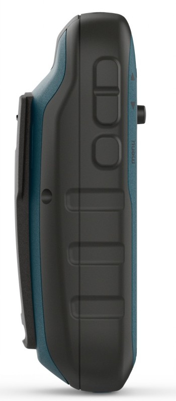 Garmin eTrex 22x Western Europe GPS-apparaat zijprofiel. Zijprofiel van de Garmin eTrex 22x GPS-apparaat, zwarte en blauwe behuizing, zichtbare knoppen.