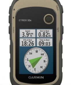 Garmin eTrex 32x handnavigatie voor gebruikers om in de natuur te bewegen. Garmin eTrex 32x-handnavigatie, zwart-beige behuizing, met snelheid en kompas op de monitor.
