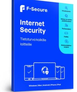 F-Secure Internet Security 1 jaar, beveiligingsoplossing voor apparaten Blauwtint verpakking van de F-Secure Internet Security-beveiligingsapplicatie, pictogrammen van computer en mobiele apparaten.