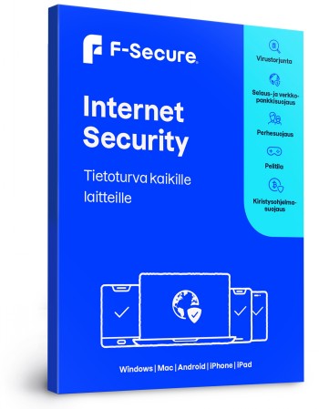 Blauwtint verpakking van de F-Secure Internet Security-beveiligingsapplicatie, pictogrammen van computer en mobiele apparaten.