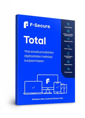 Digitale beveiligingsverpakking van de F-Secure Total-software Blauwe F-Secure Total-softwareverpakking. Schermen en pictogrammen die de beveiligingsfuncties van het apparaat illustreren.
