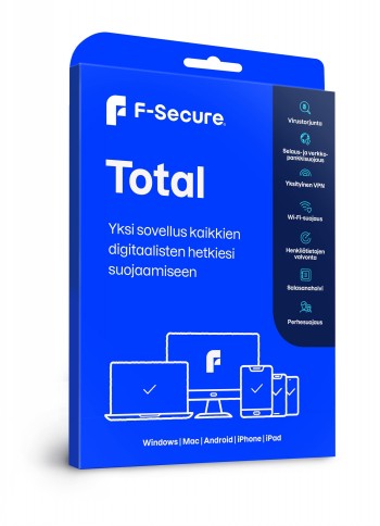 F-Secure TOTAL-softwareverpakking, 1 jaar en 3 apparaten. Blauwe F-Secure TOTAL-softwareverpakking, met één jaar en drie apparaten vermeld.