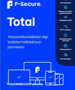 F-Secure Total-beveiligingspakket voor het beschermen van drie apparaten, blauw-witte verpakking en apparaatpictogrammen.