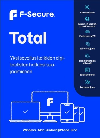 F-Secure Total-beveiligingspakket voor het beschermen van drie apparaten, blauw-witte verpakking en apparaatpictogrammen.