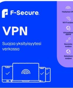 Op een blauwe achtergrond staat de verpakking van de F-Secure VPN-software, met vermeldingen van functies en pictogrammen van apparaten.