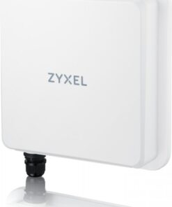 Witte Zyxel FWA710 5G buitenrouter, vierkant met afgeronde hoeken, zwarte connector aan de onderkant.