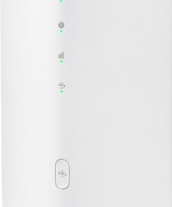 Witte verticale 5G-router met LED-lampjes en een glad voorpaneel.