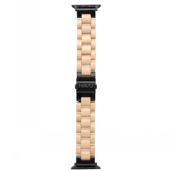 Havu Watches - Apple Watch-band, berk en zwart metaal Apple Watch-band vervaardigd uit licht berkenhout met zwarte metalen details, recht van voren gefotografeerd.