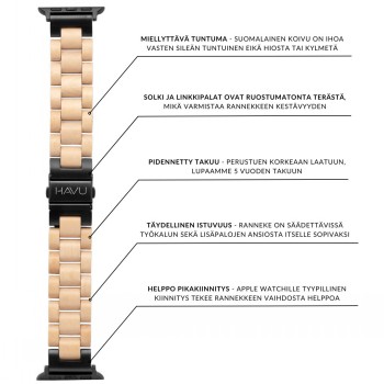 Havu Watches berkenhouten band voor Apple Watch (38/40/41 mm) Een Apple Watch-band gemaakt van licht Fins berkenhout en zwart staal, afgebeeld van voren.
