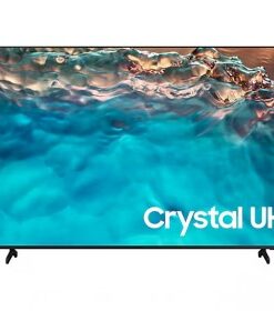 Samsung 43" hoteltelevisie met Crystal UHD-monitor Samsung 43-inch hoteltelevisie met een slanke zwarte rand en Crystal UHD-monitor. Op de achtergrond een patroon van water en stenen.