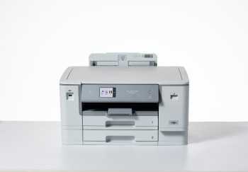 Lichtgrijze A3-kleureninkjetprinter met twee papierladen en een LCD-monitor op het voorpaneel.