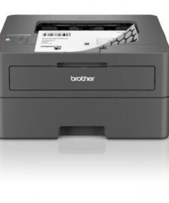Grijze Brother HL-L2400DW laserprinter met zwart-wit papier, van voren gezien.