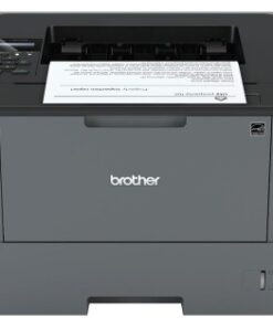 Zwarte en grijze Brother HL-L5000D laserprinter met papier in de printer, van bovenaf gezien.