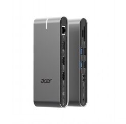 Acer Universeel Type C-dockingstation 15-in-1 met meerdere aansluitmogelijkheden. Grijze Acer 15-in-1 Type C-dockingstation met meerdere aansluitpoorten, afgebeeld vanuit twee hoeken.