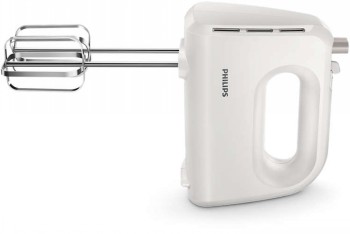 Witte Philips-handmixer met handvat, twee kloppers, zijprofielweergave.