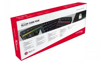 Stijlvolle en kleurrijke verpakking van het HyperX Alloy Core RGB-toetsenbord De rood-witte doos van het HyperX Alloy Core RGB-toetsenbord, waarop de functies en afbeeldingen van het toetsenbord te zien zijn.