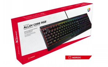 HyperX Alloy Core RGB-toetsenbord met kleurrijke verlichting HyperX Alloy Core RGB-toetsenbord in verpakking met benadrukte RGB-verlichting en Nordic-indeling.