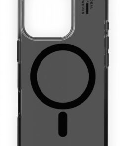 Transparante iPhone 16 Pro-hoes met zwarte rand, compatibel met MagSafe, stijlvol zwart cirkelpatroon.
