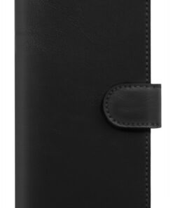 Zwart lederen portemonneehoes voor iPhone 17 Pro / 18 Pro met magnetische sluiting.