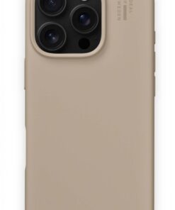 Beige siliconen telefoonhoesje voor iPhone 16 Pro, minimalistisch design.