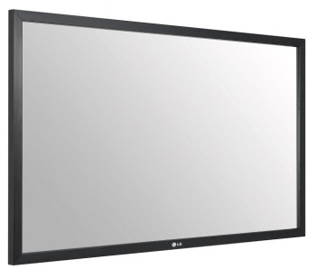 LG KT-T32E 32" touchscreen met zwart frame LG KT-T32E 32-inch touchscreen met zwart frame, wit schermoppervlak, afgebeeld vanuit een schuine hoek.