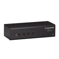 Zwarte rechthoekige Black Box KVM-switch met vier knoppen en LED-lampjes op het voorpaneel.