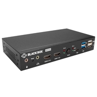 Zwarte, rechthoekige Black Box KVM-apparaat met HDMI-, USB- en audio-aansluitingen op het voorpaneel.