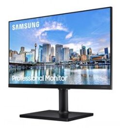 Samsung 24-inch IPS-monitor met een zwarte standaard, met een stadslandschap op de achtergrond.