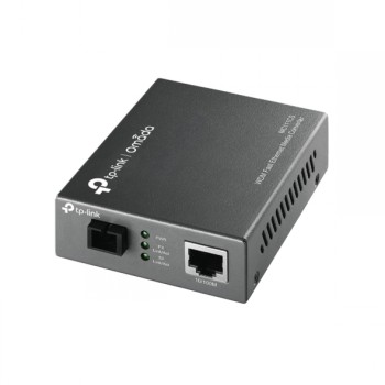 Zwarte rechthoekige TP-Link MC111CS-converter met aansluitingen aan de zijkant en LED-lampjes aan de voorkant.