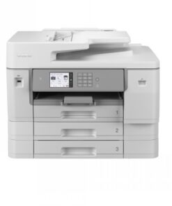 Witte Brother MFC-J6957DW multifunctionele printer, drie papierladen en LCD-monitor aan de voorkant.