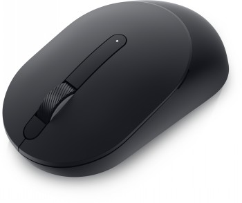 Zwarte, volledig formaat, draadloze muis met afgerond design en een scrollwiel in het midden.